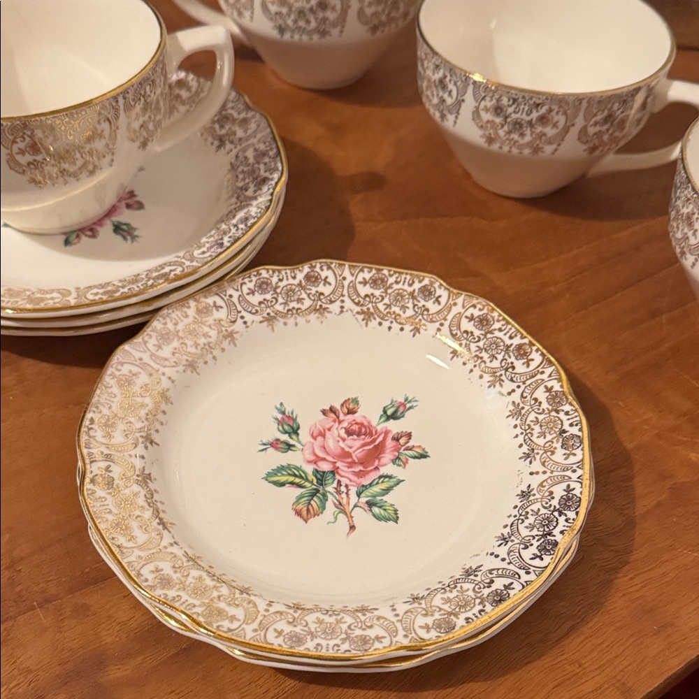 1940s Elegant Floral Georgian China Tea Set with 22 KT. Gold Accents